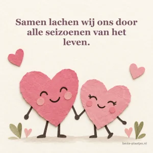Twee roze papieren hartjes met gezichten staan op ivoorkleurig karton.