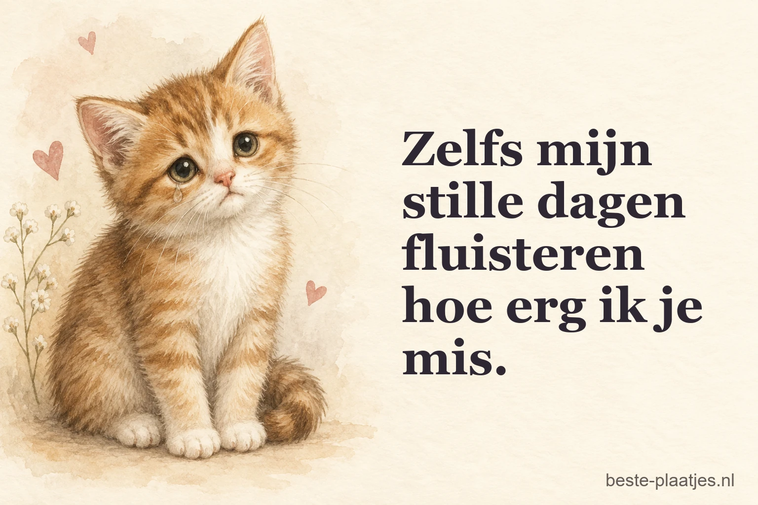 Een jonge rood-witte kat kijkt zacht vanaf licht papier met kleine hartjes.