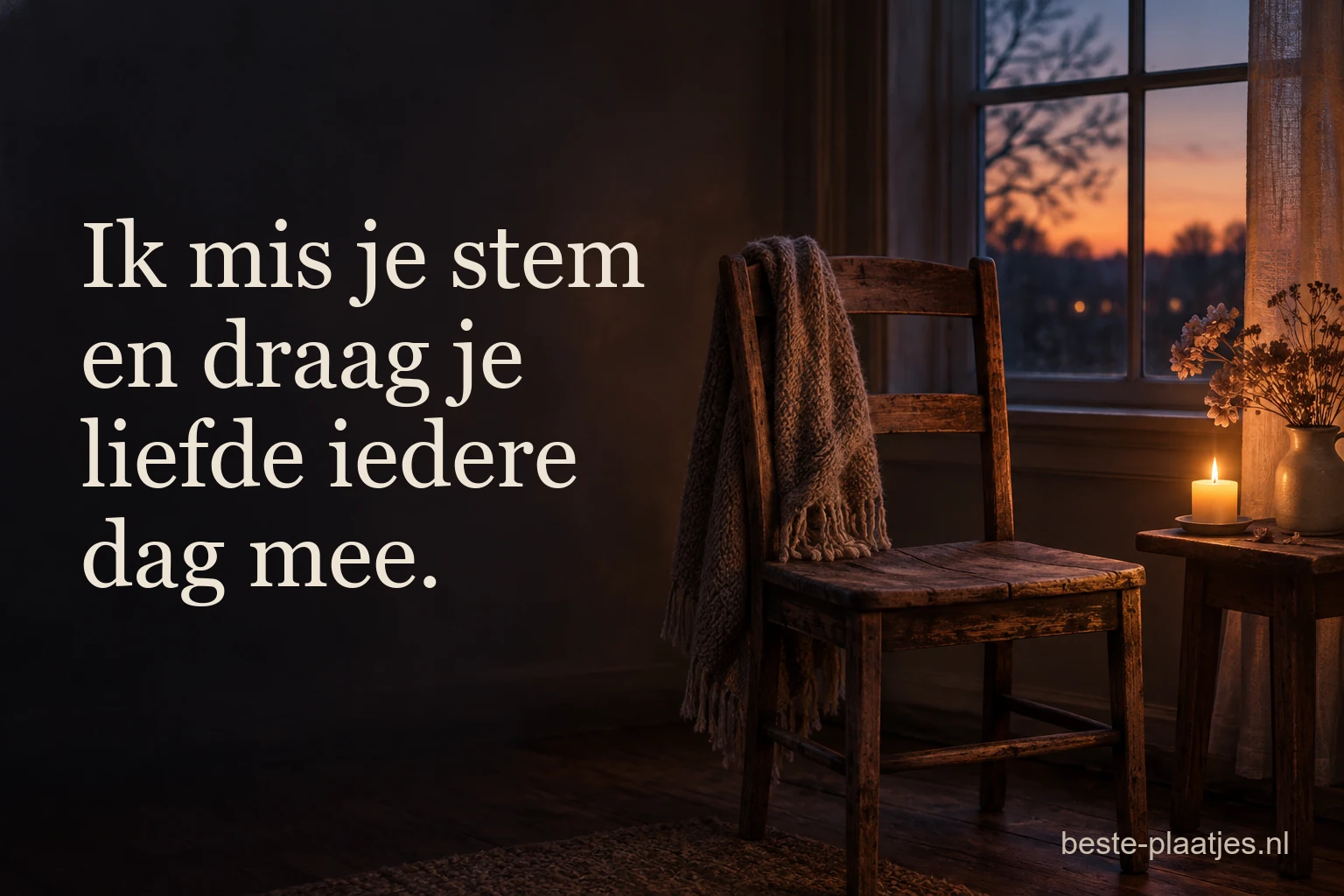 Een kaars brandt naast een lege houten stoel bij een avondraam.