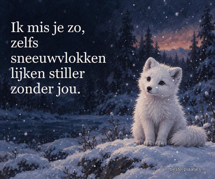 Een wit poolvosje zit in vallende sneeuw voor een donker bos.