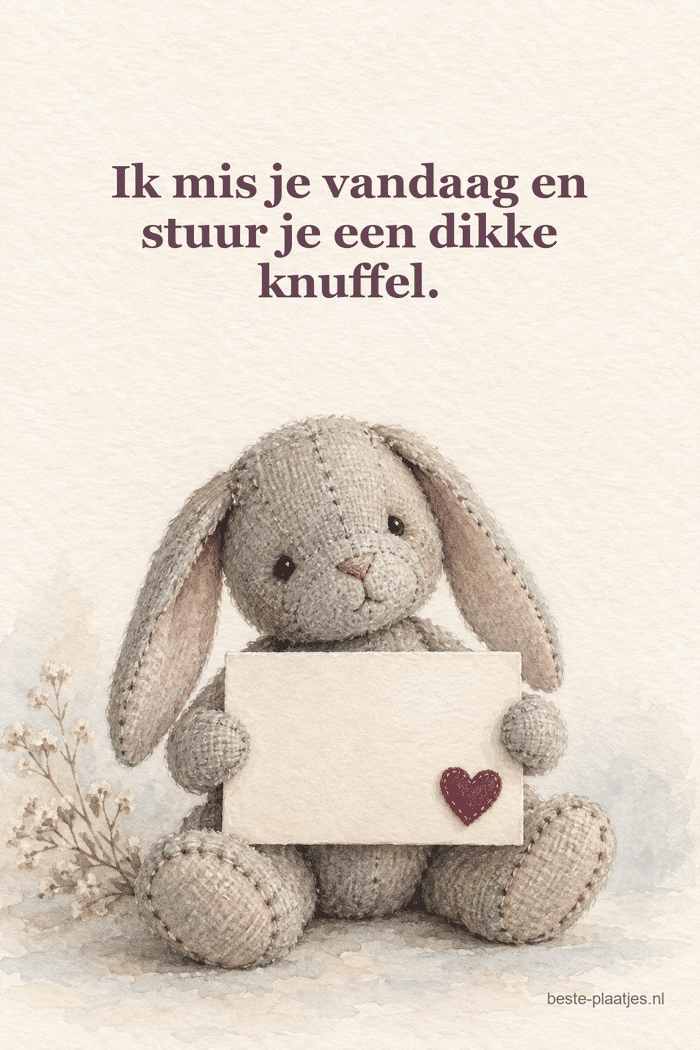 Een grijs stoffen konijn houdt een lege kaart met een rood hart vast.