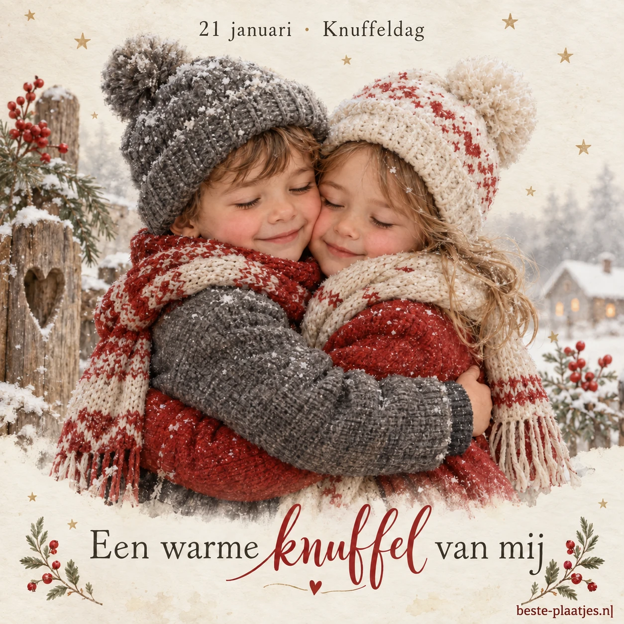 Twee kinderen in winterkleding omhelzen elkaar in zacht winterlicht.