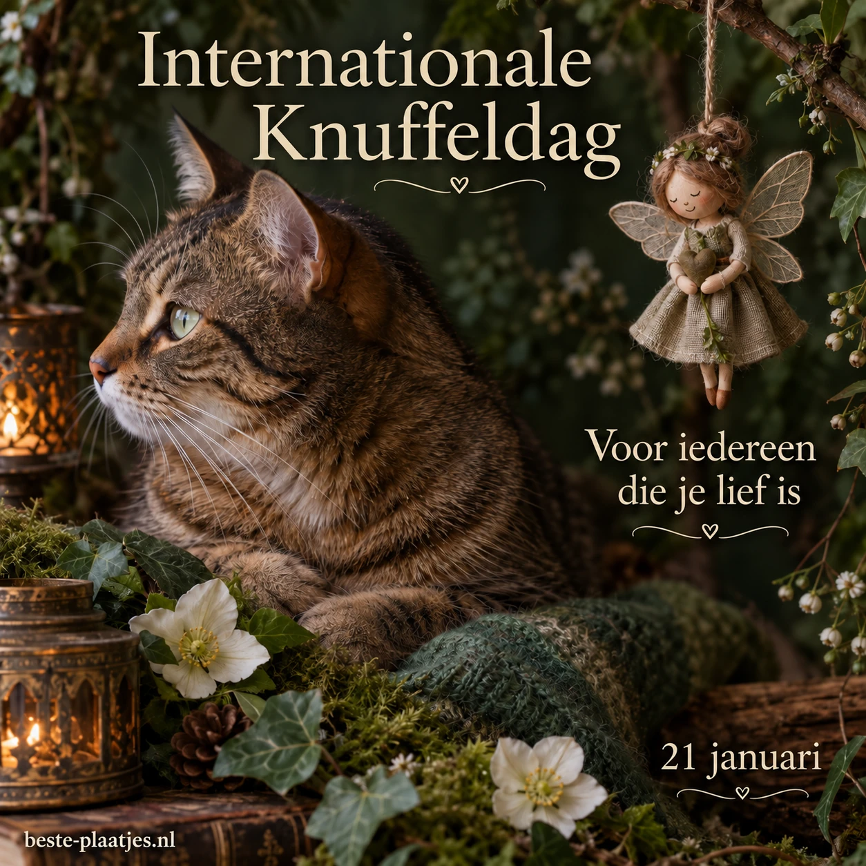 Een kat kijkt naar een klein stoffen elfje in een groen decor.