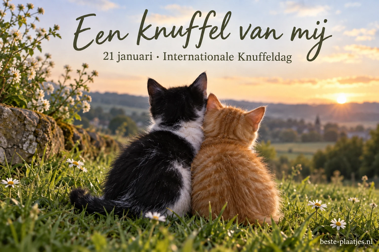 Twee kittens zitten dicht tegen elkaar in het groene gras.