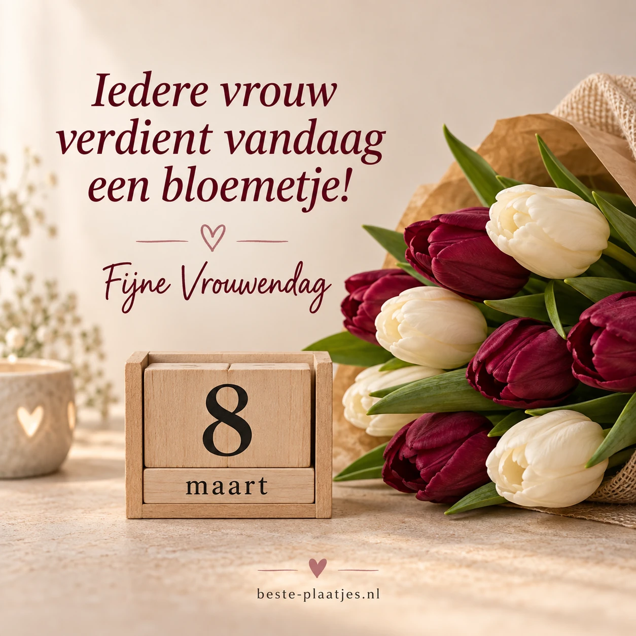 Bordeauxrode en witte tulpen liggen naast een houten kalender met 8 maart.