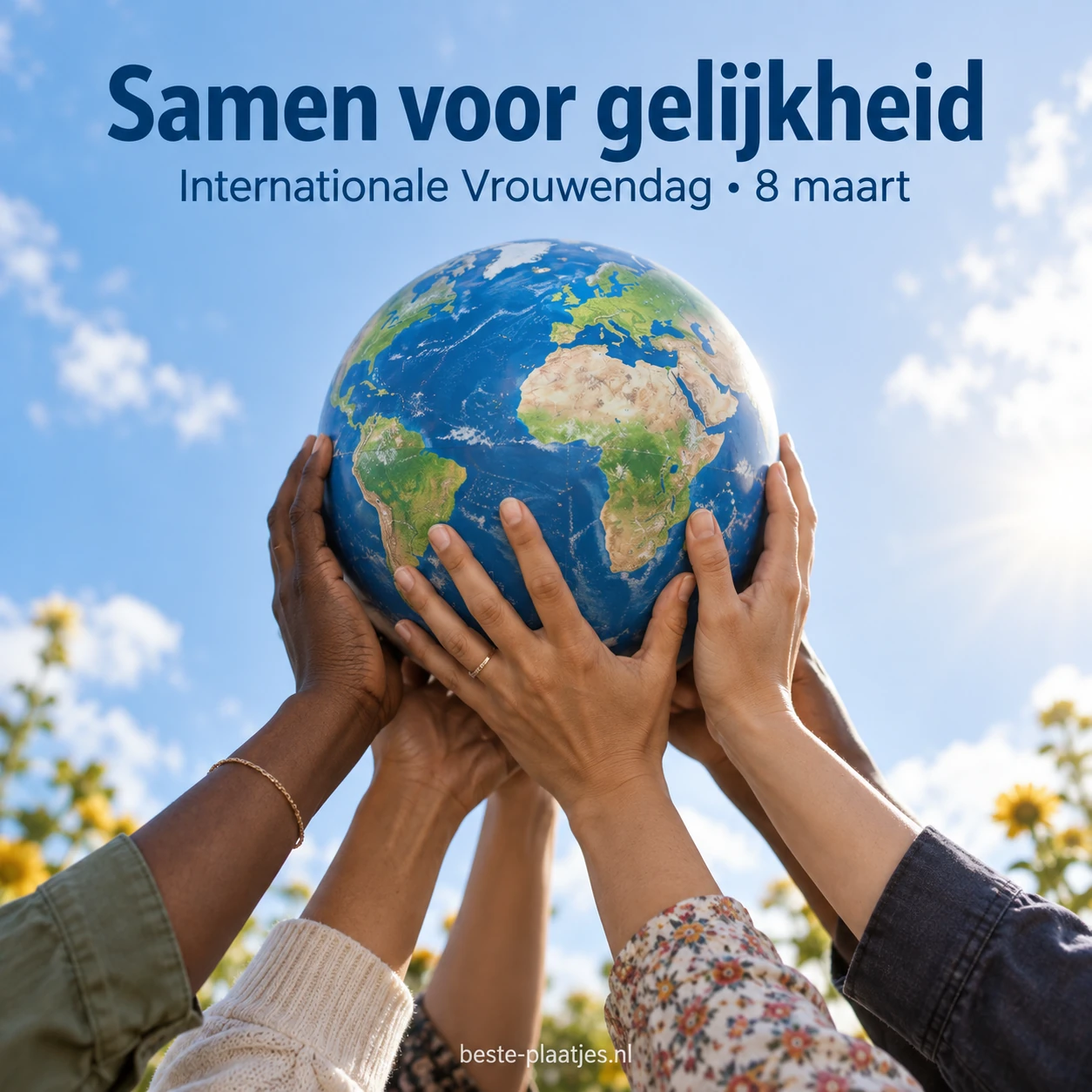 Handen met verschillende huidtinten dragen samen een wereldbol onder een blauwe lucht.