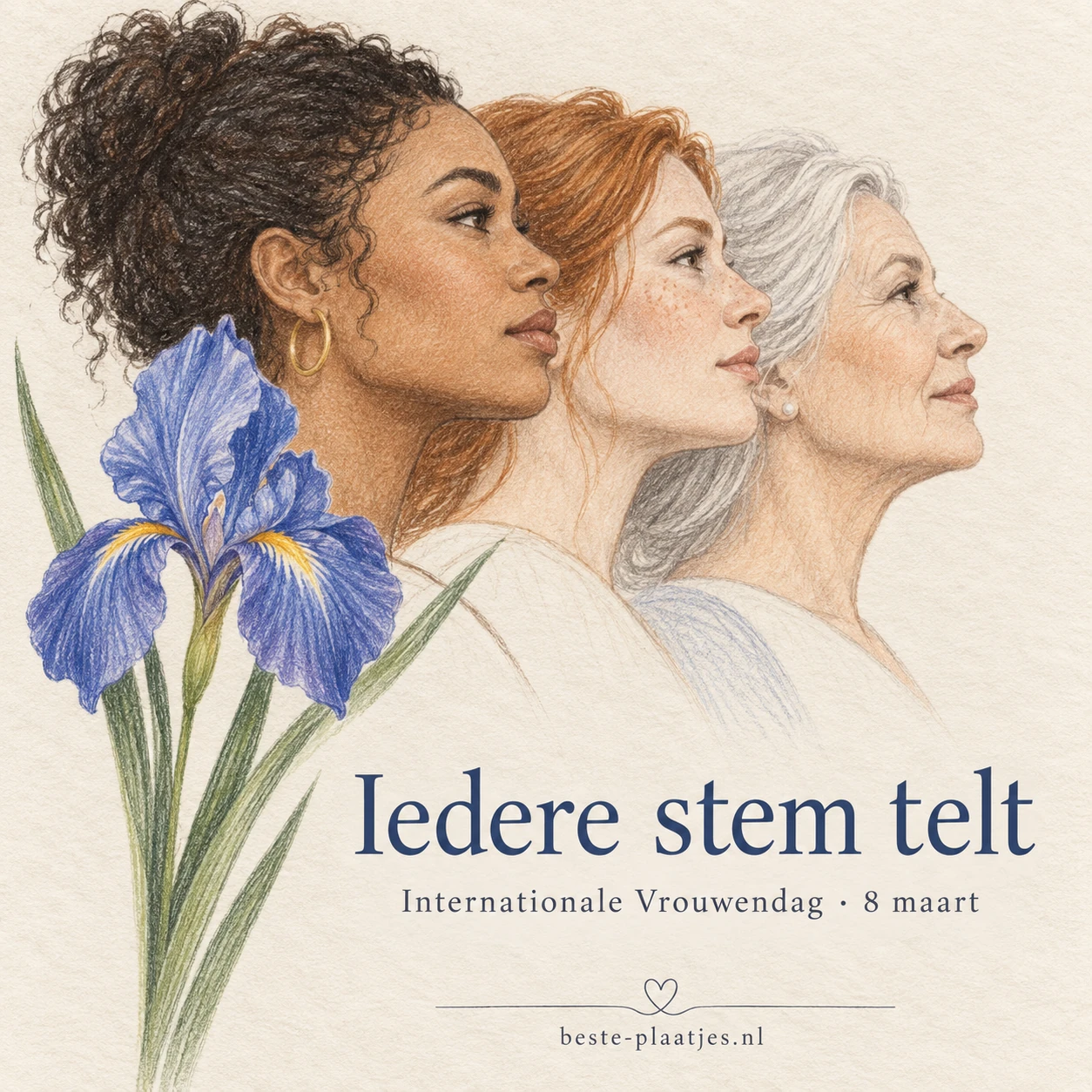 Drie vrouwen van verschillende leeftijden staan in profiel naast een blauwe iris.