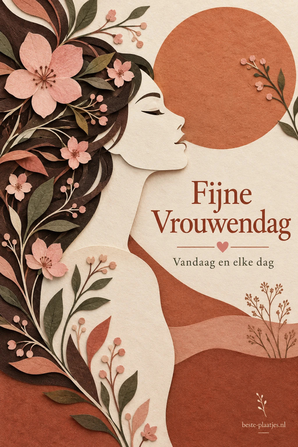 Een vrouwenprofiel van gesneden papier loopt over in roze bloesem op terracottakleurig papier.