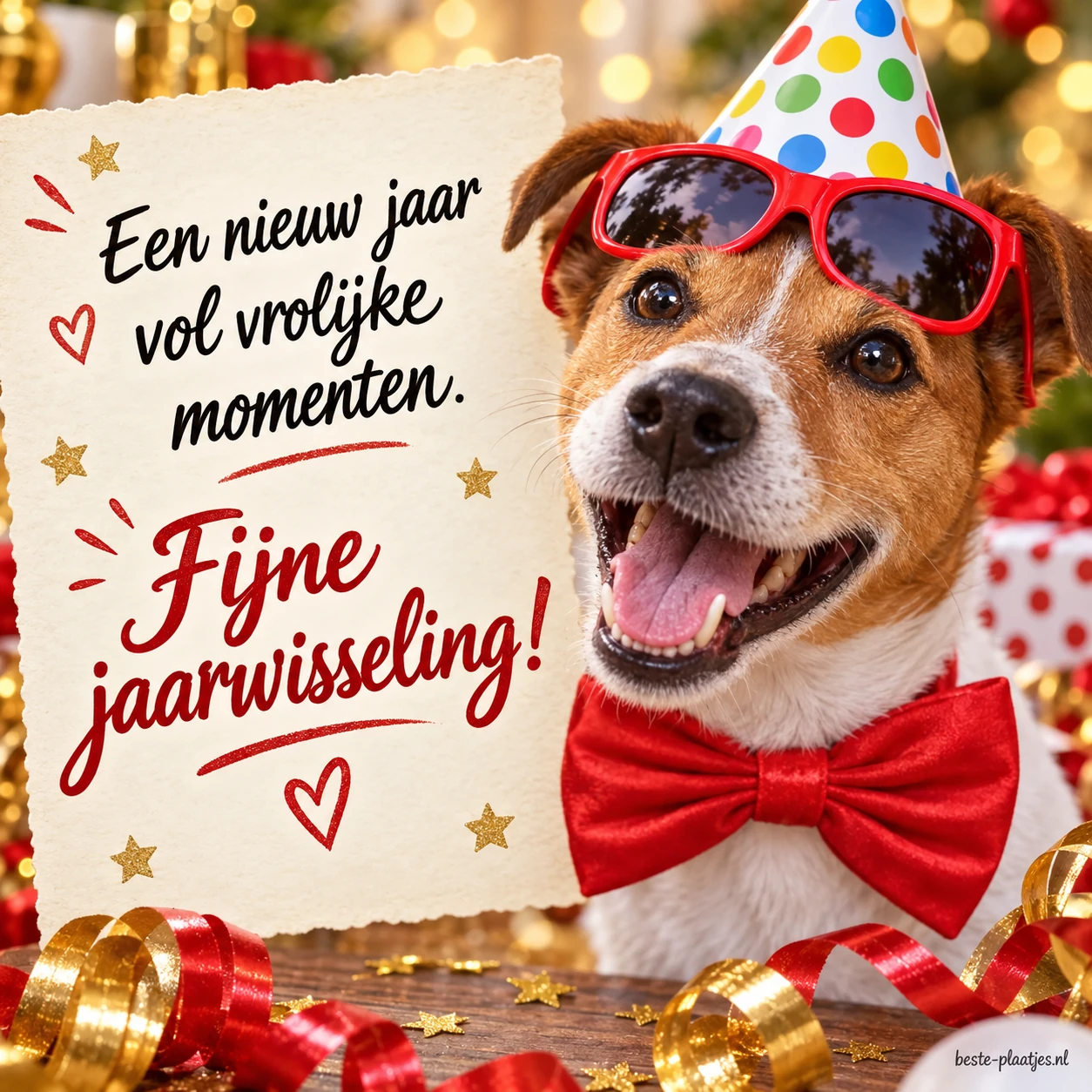 Een hond met een feesthoed en rode strik brengt een vrolijke jaarwisselingswens.