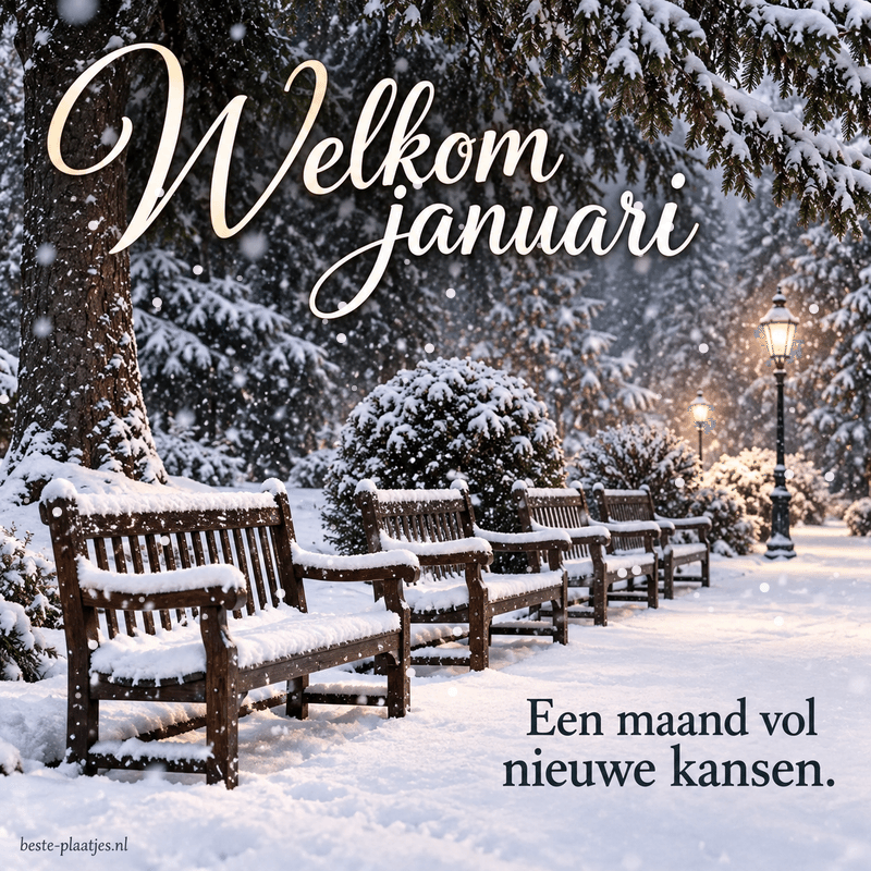 Besneeuwde bankjes in een winterpark verwelkomen een maand vol nieuwe kansen.