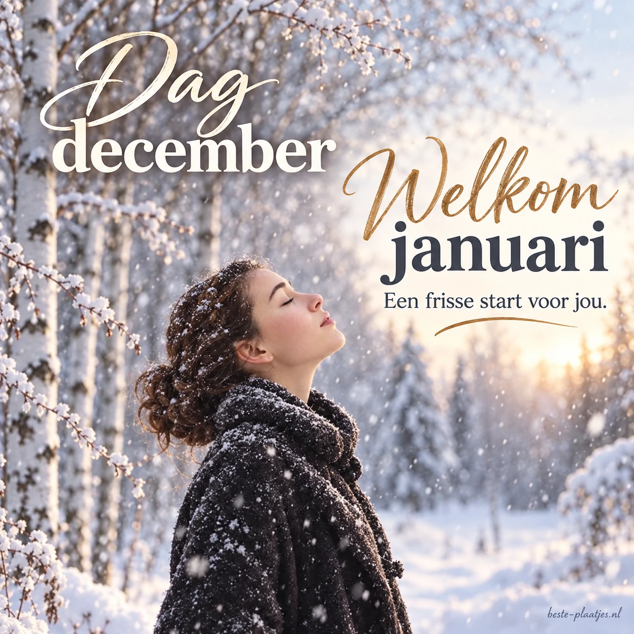 Een vrouw in een besneeuwd bos brengt een groet voor een frisse januaristart.