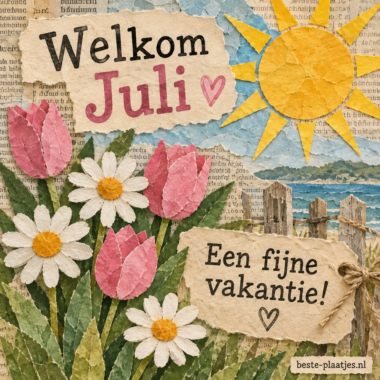 Papieren tulpen, madeliefjes en een zon staan op een collage van oud papier.