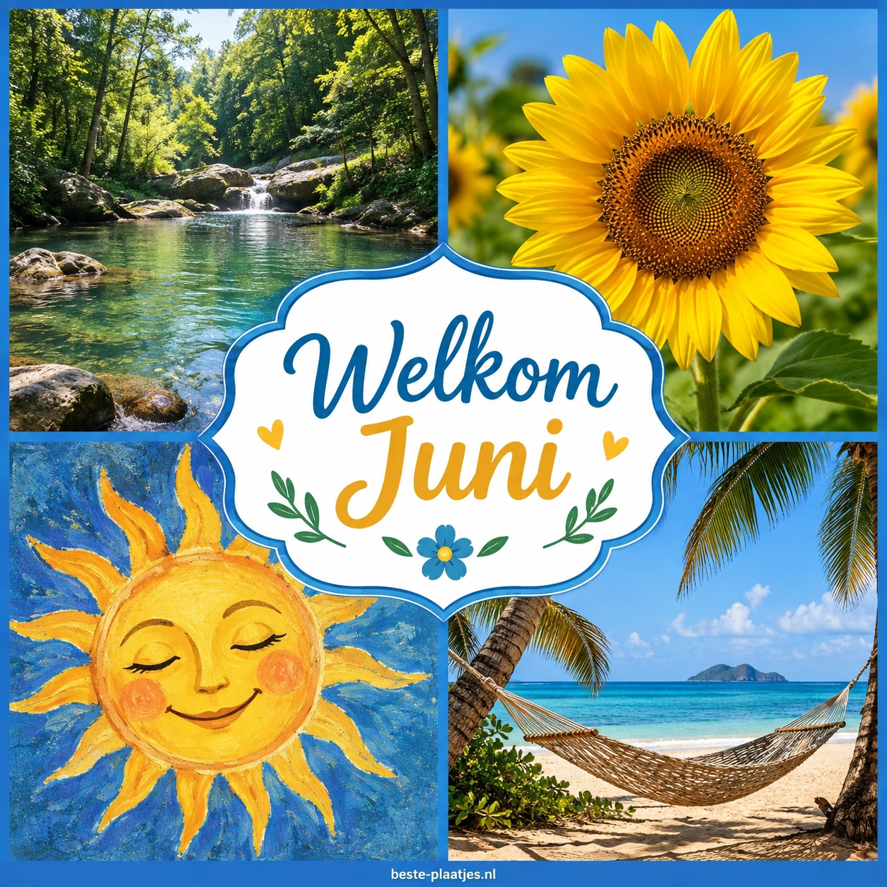 Een collage toont een bosbeek, zonnebloem, getekende zon en een hangmat op het strand.