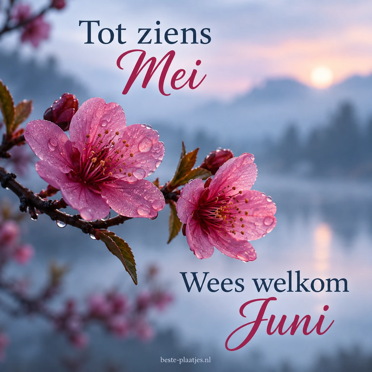 Roze bloesem steekt af tegen een zachtblauwe avondlucht.