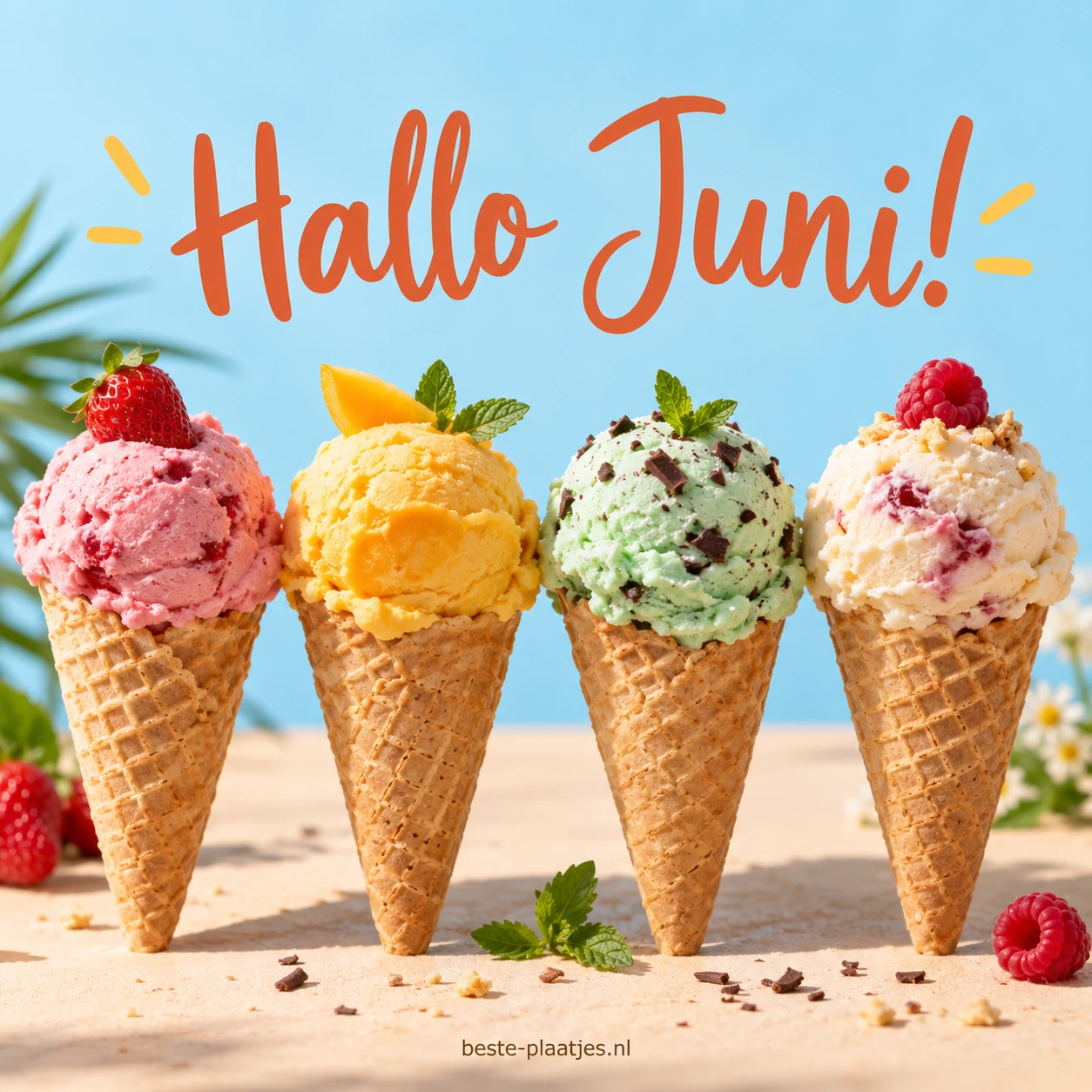 Vier kleurrijke ijsjes staan op een zomerse tafel voor een lichte achtergrond.