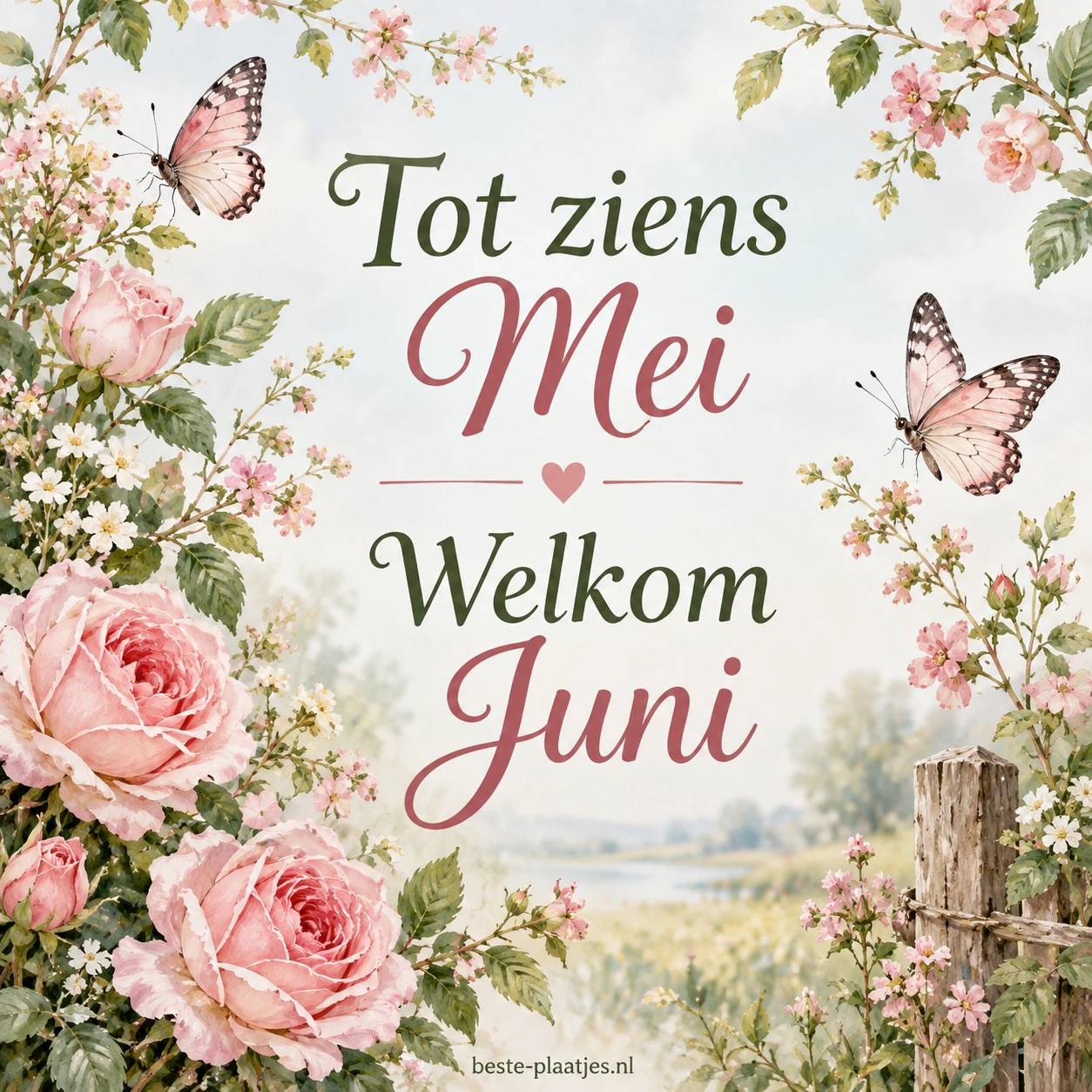 Roze rozen en vlinders sieren een zachte bloemrijke kaart.