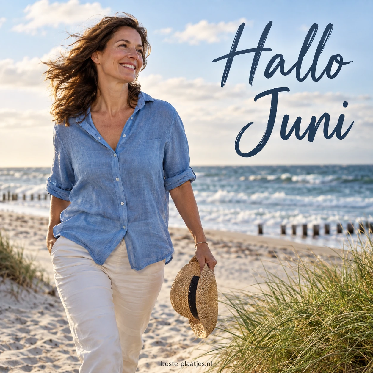 Een vrouw wandelt glimlachend langs een winderig strand.