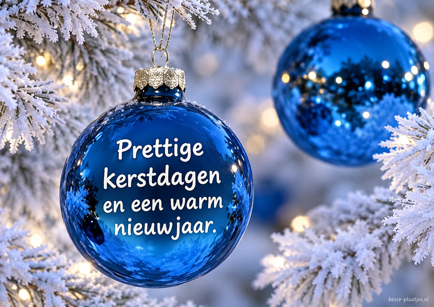 Blauwe kerstballen tussen witte takken brengen een kerst- en nieuwjaarsgroet.