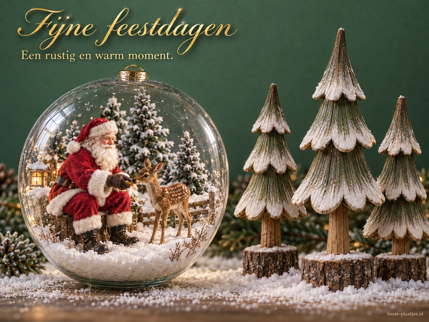 Een kerstbal met winterdecoratie en houten bomen brengt een warme feestgroet.