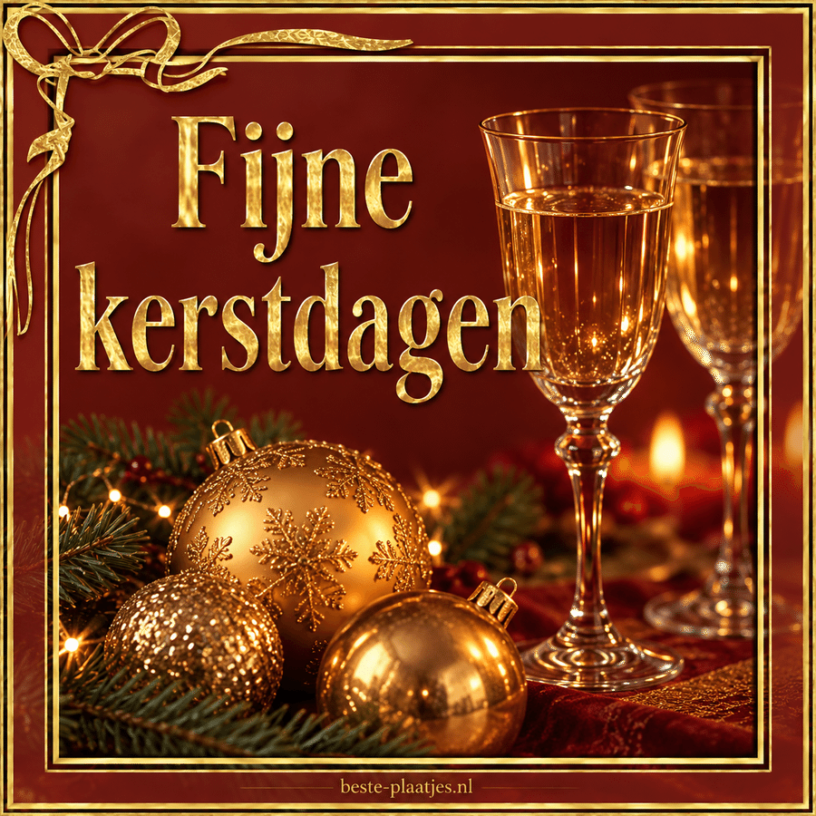 Een warme kaart met kerstballen en glazen wisselt tussen een kerstgroet en een nieuwjaarswens.
