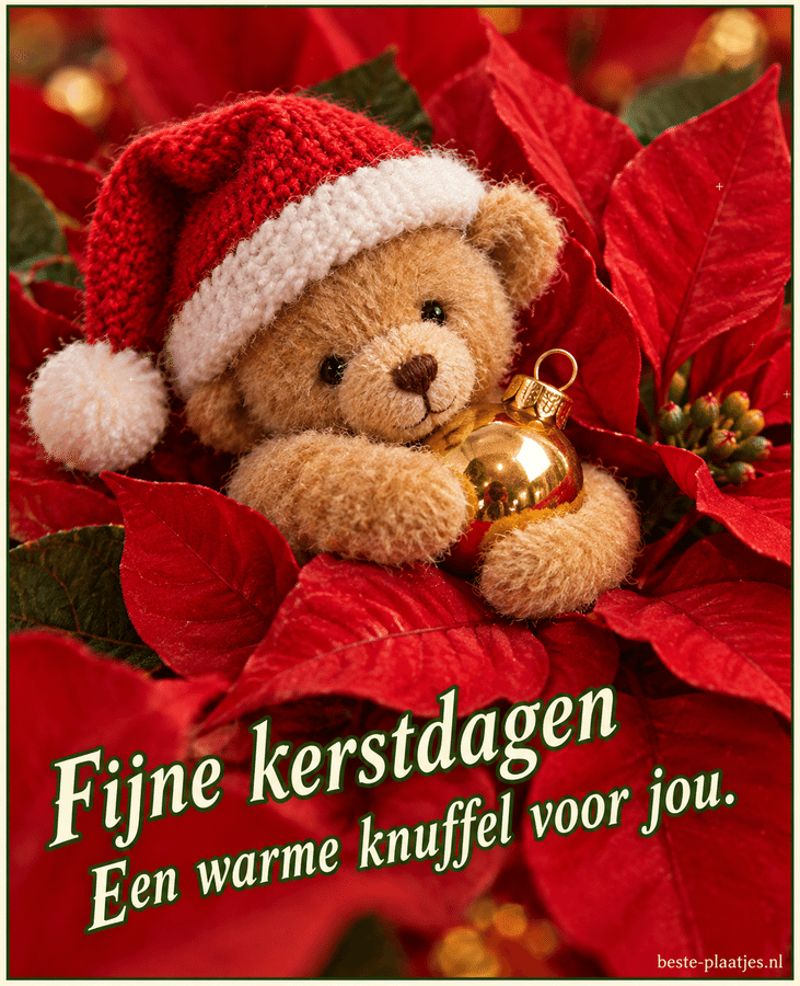Een stoffen beertje tussen rode bloemen brengt een warme kerstknuffel.