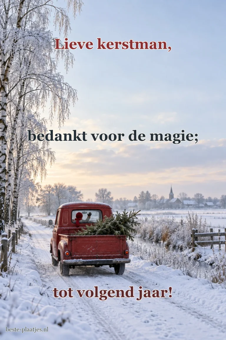 Een rode bestelwagen rijdt met een lege kerstboom door een besneeuwde berkenlaan.
