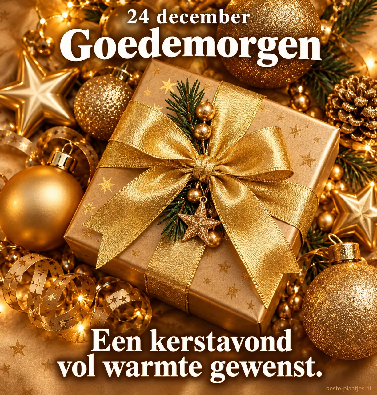 Een gouden cadeau met strik brengt een ochtendgroet voor kerstavond.