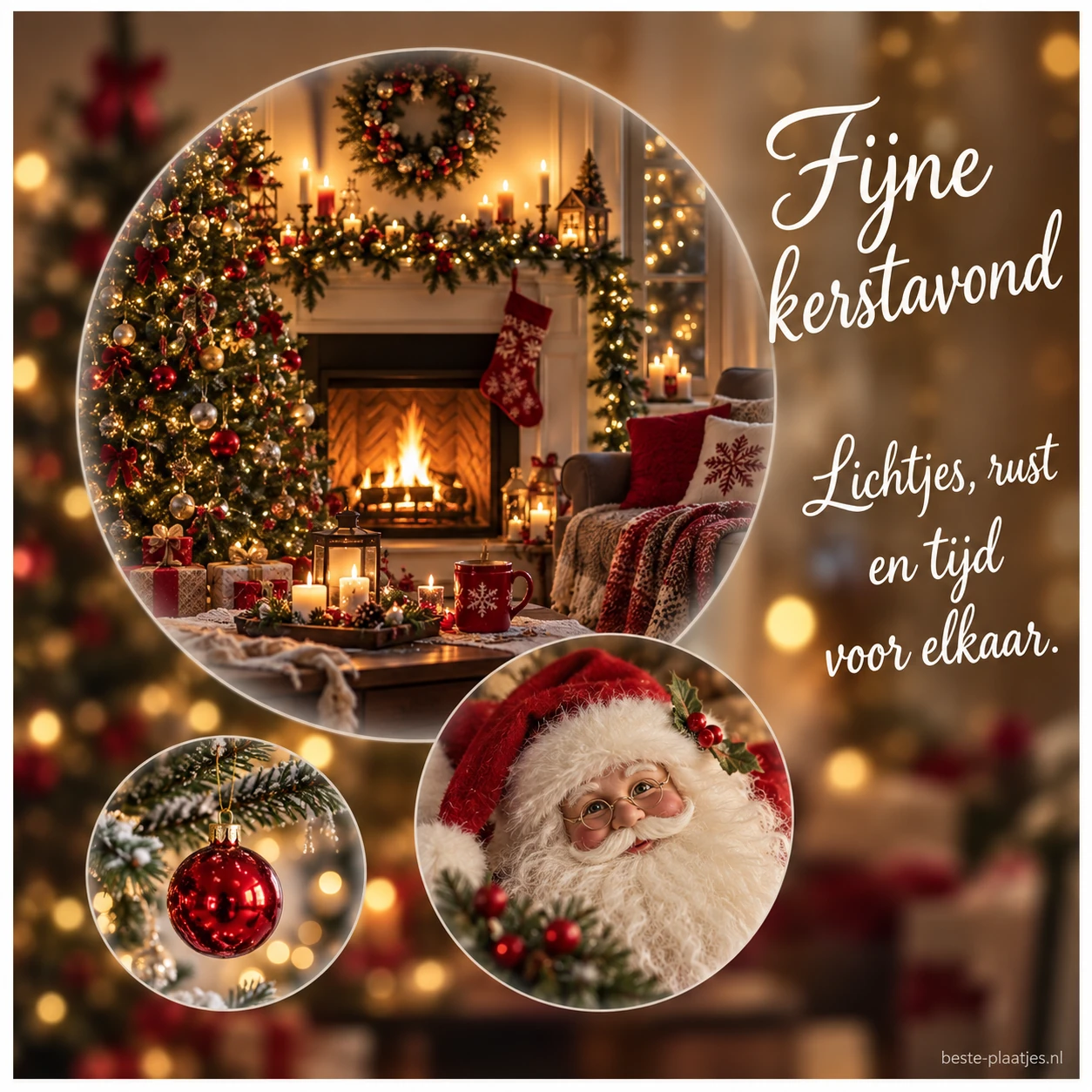Een ronde collage met haardvuur, kerstboom en kleine decoraties brengt een gezellige avondwens.