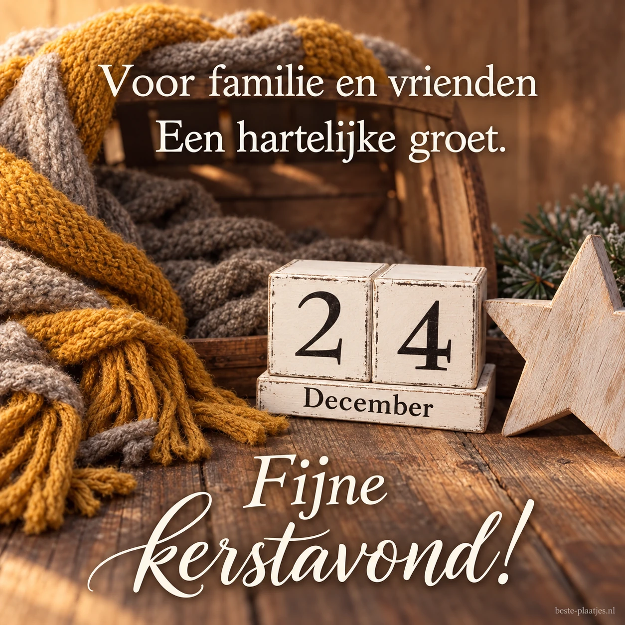 Een houten datumblok met een warme sjaal brengt een groet voor familie en vrienden.