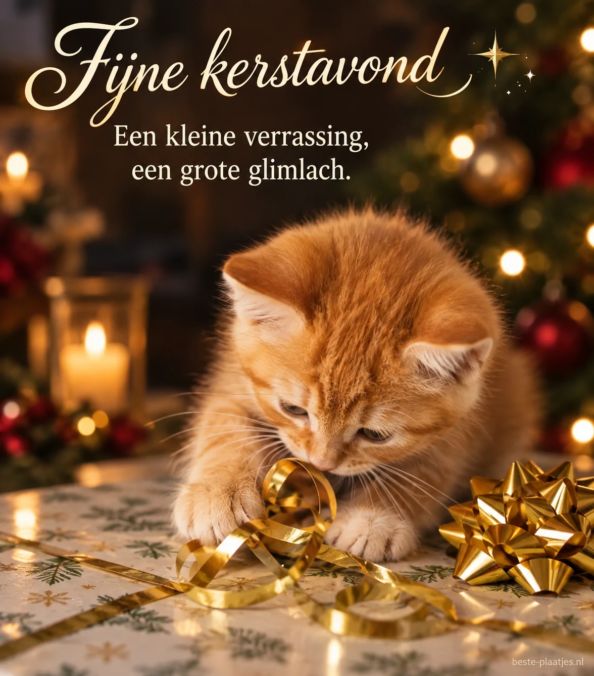 Een rood katje met een gouden lint brengt een speelse kerstavondgroet.