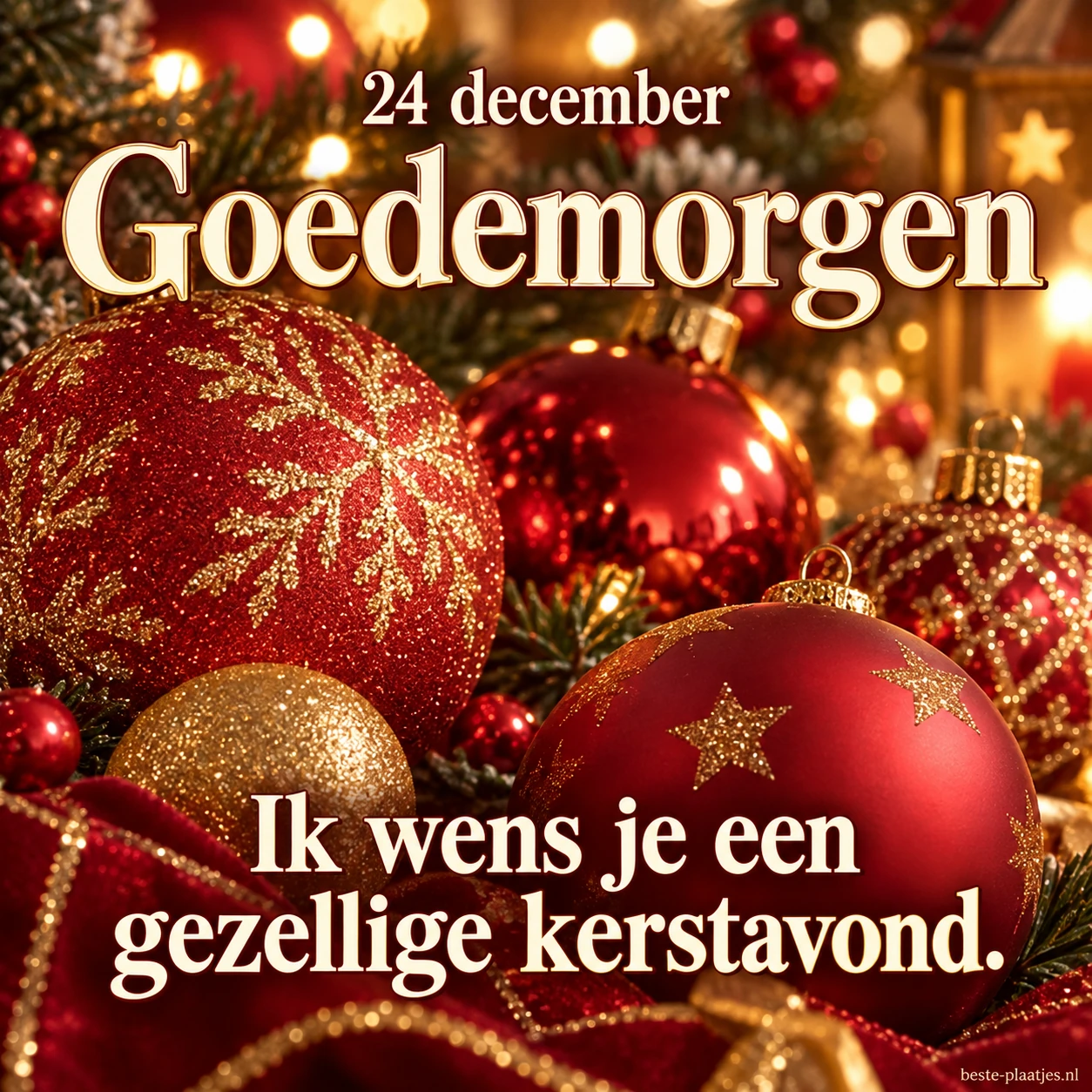 Rode kerstballen en zachte lichtjes brengen een gezellige ochtendgroet voor 24 december.