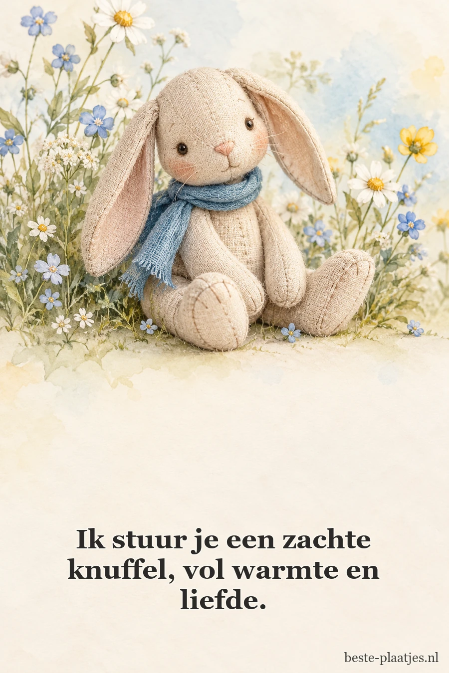 Een linnen konijntje met blauwe sjaal zit tussen veldbloemen.