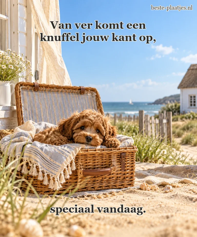 Een bruine pup nestelt zich in een picknickmand aan zee.