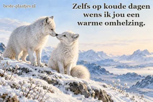 Twee poolvossen raken elkaar aan in een besneeuwd landschap.