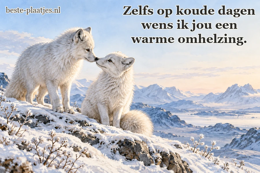 Twee poolvossen raken elkaar aan in een besneeuwd landschap.
