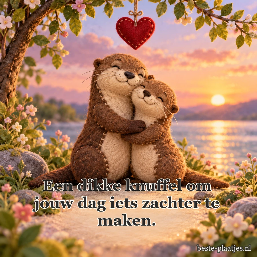 Twee vilten otters omarmen elkaar onder een rood hart.