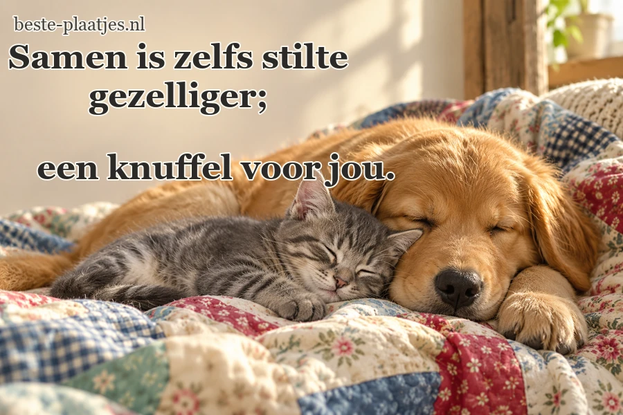 Een pup en kitten liggen samen op een geruite deken.