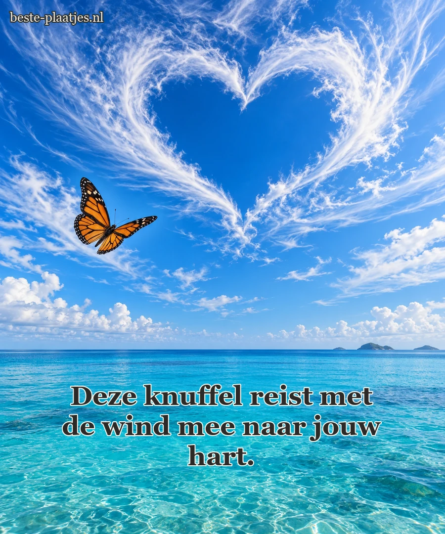 Een vlinder vliegt onder een hartvormige opening in de wolken.