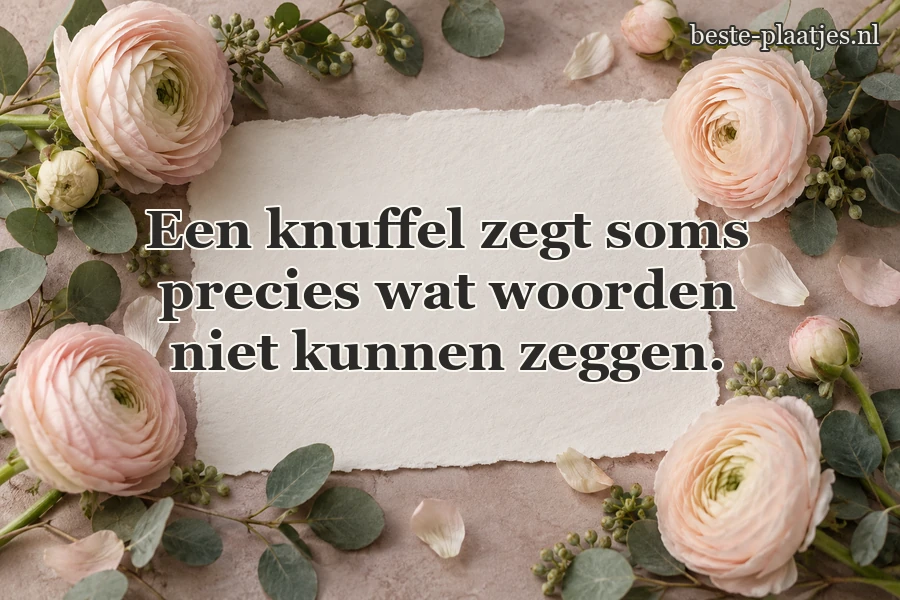 Een lege brief ligt tussen roze bloemen en eucalyptus.