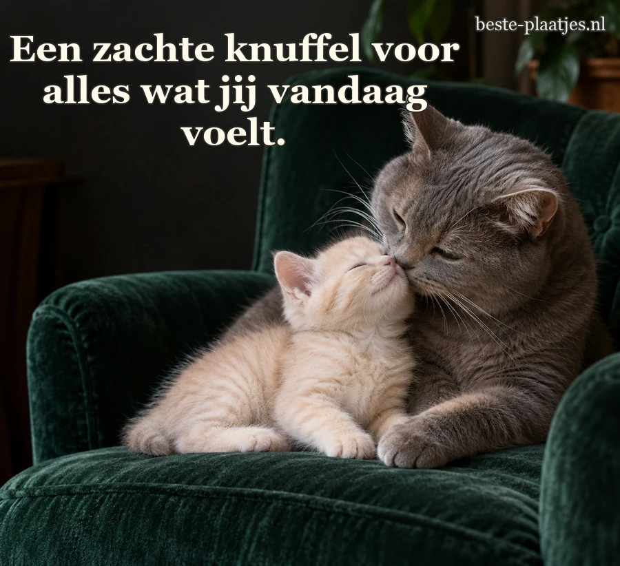 Een grijze kat raakt een licht kitten zacht aan.