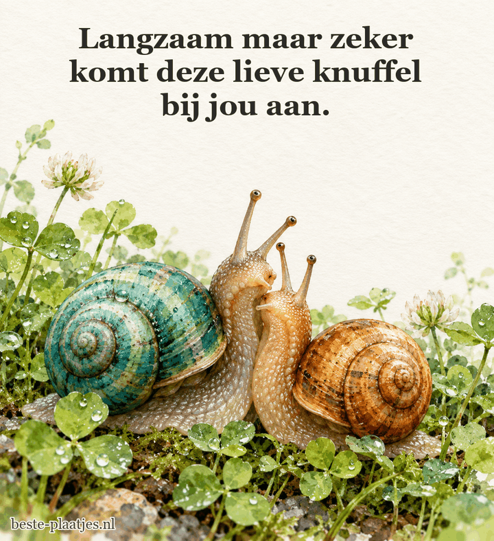 Twee gekleurde tuinslakken kruipen naar elkaar toe tussen klaver.