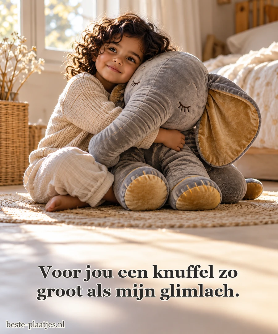 Een kind omhelst een grote fluwelen knuffelolifant.
