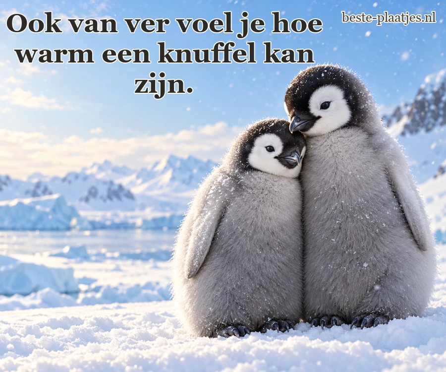 Twee jonge pinguïns schuilen dicht bij elkaar in de sneeuw.