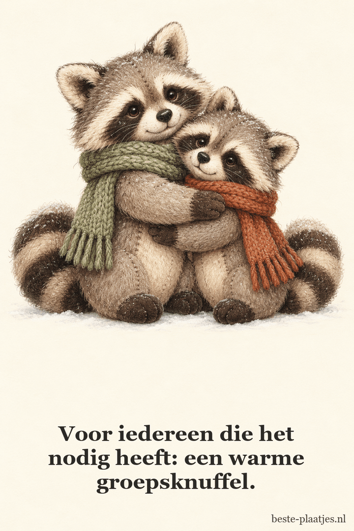 Twee vilten wasberen omhelzen elkaar in wintersjaals.