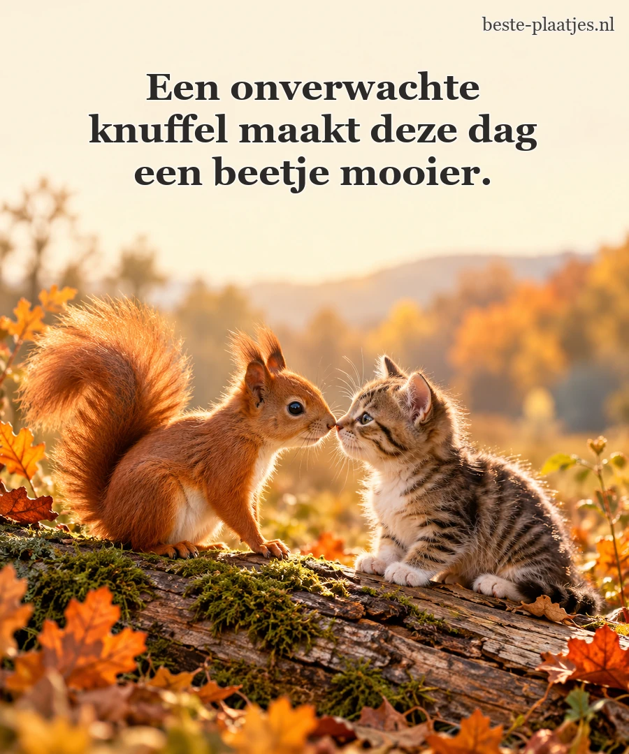 Een eekhoorn begroet een kitten op een herfstige boomstam.