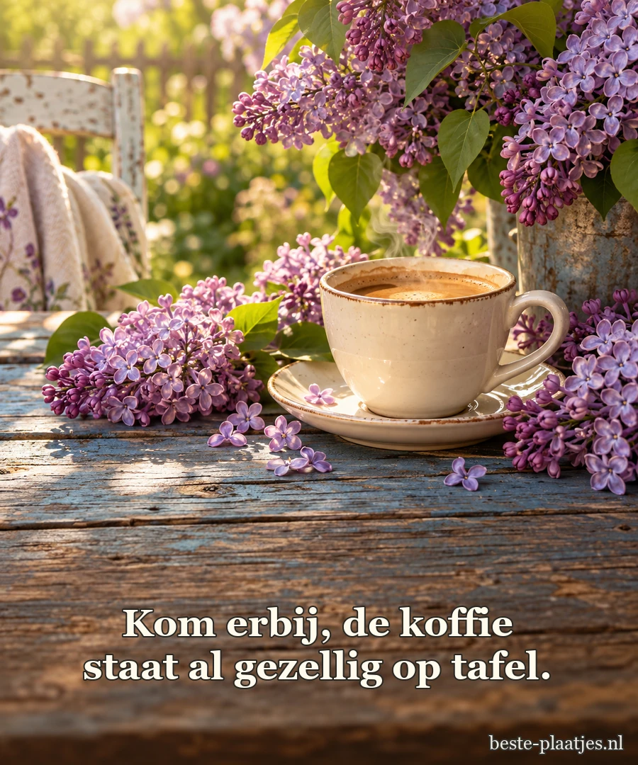 Een lichte koffiekop staat naast paarse seringen op verweerd hout.
