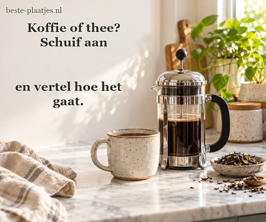 Een cafetière en mok wachten op een licht keukenblad.