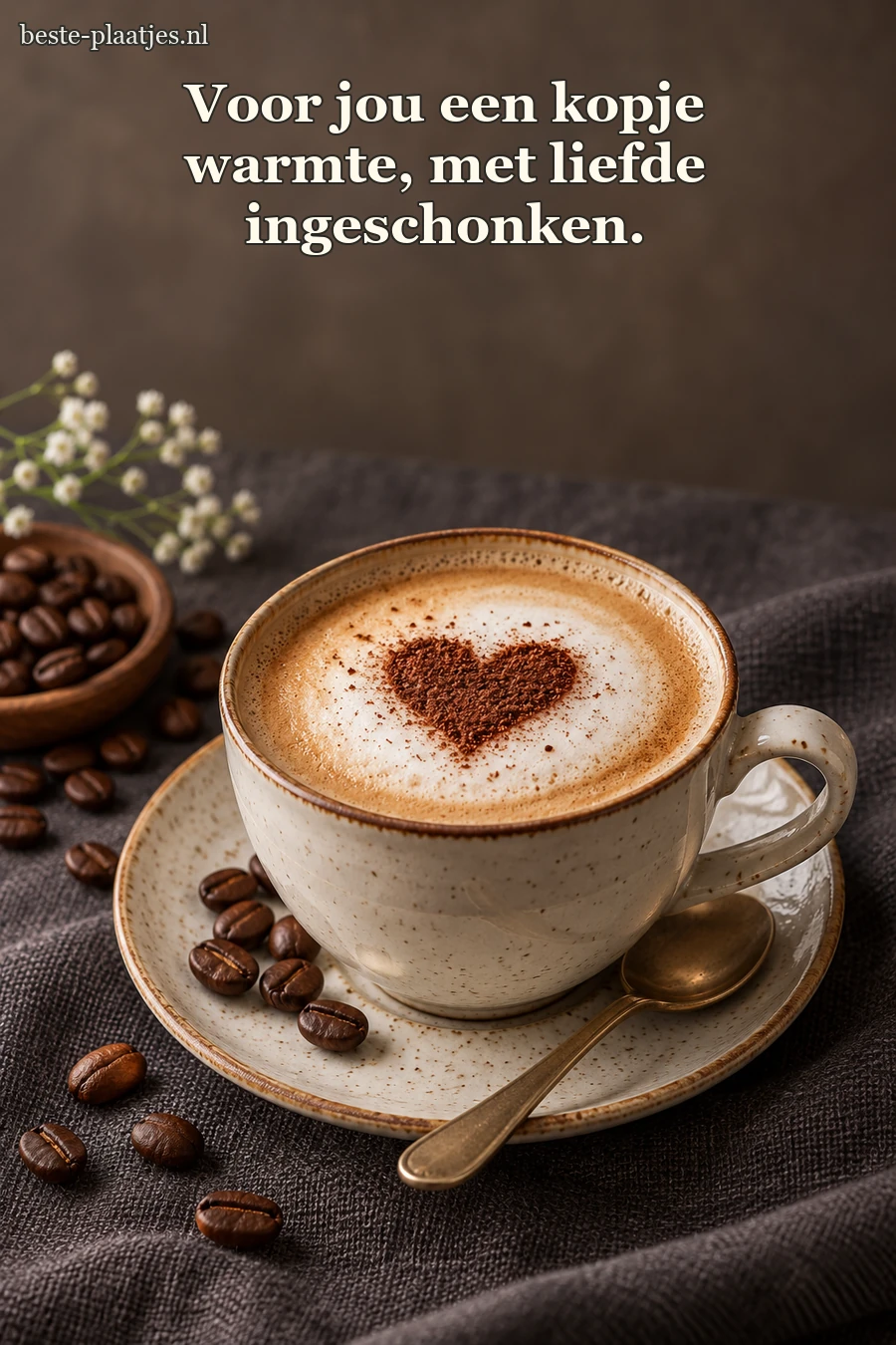 Een cappuccino met hartje staat op donker linnen.