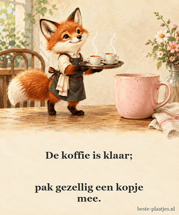 Een getekende vos serveert twee kleine kopjes koffie.