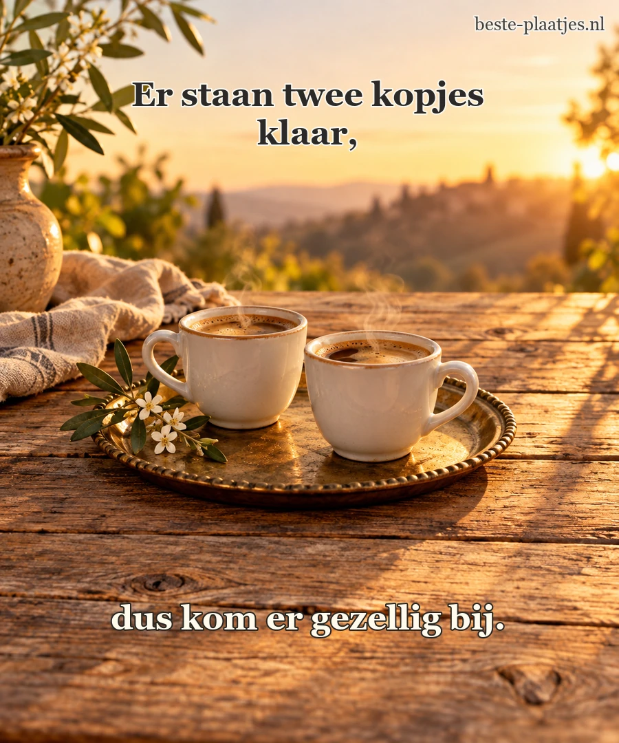Twee witte koffiekopjes staan op een oude koperen schaal.